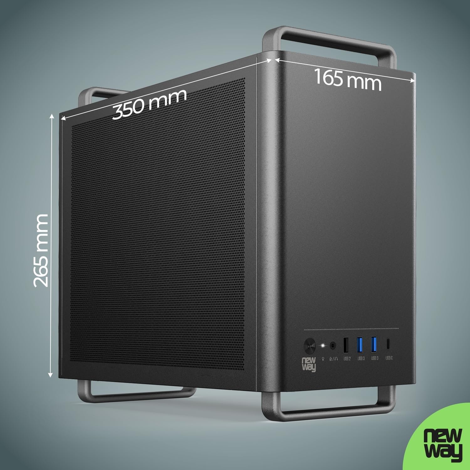 NEWWAY - NC1 Tragbares Mini-Tower-PC-Gehäuse - Kompatibel mit Mini-ITX, ITX, Micro-ATX - Typ C USB - 1 x Lüfter inklusive 9MM 3 PIN Molex - Metallgitterwand (Schwarz)