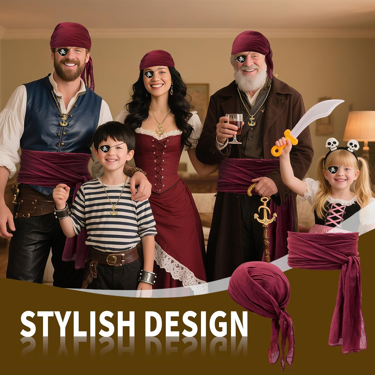 4Pcs Women Men Halloween Pirate Accessories, Pirate Costume, Cosplay Waist Belt Bandana Hat Eye Patch Necklace - Image 8