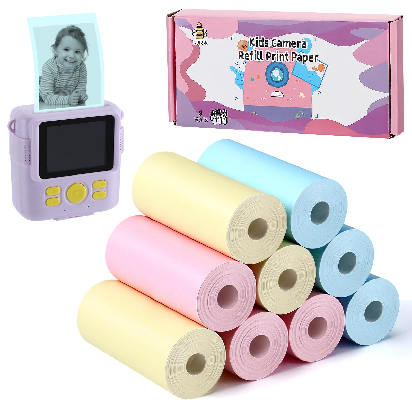9 Rolls Kids Instant Camera Print Refill Paper- Photo Printer Thermal Paper Rolls for 4 5 6 7 8 9 10 Year Old Girls Boys Birthday Gifts, Blue, Pink,