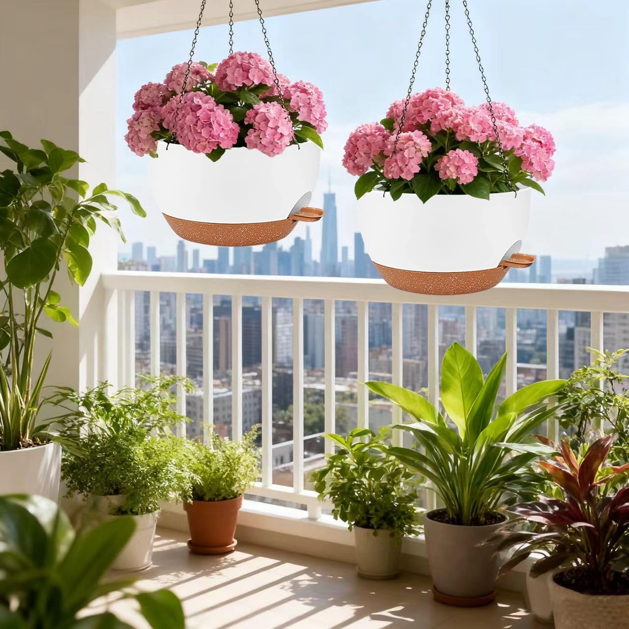 12 Inch Self Watering Hanging Planters 2 Pack, Indoor Outdoor Hanging Pots for Plants with Drainage Holes & Saucers, White Brown Plastic Hanging Baskets for Kitchen Balcony Garden