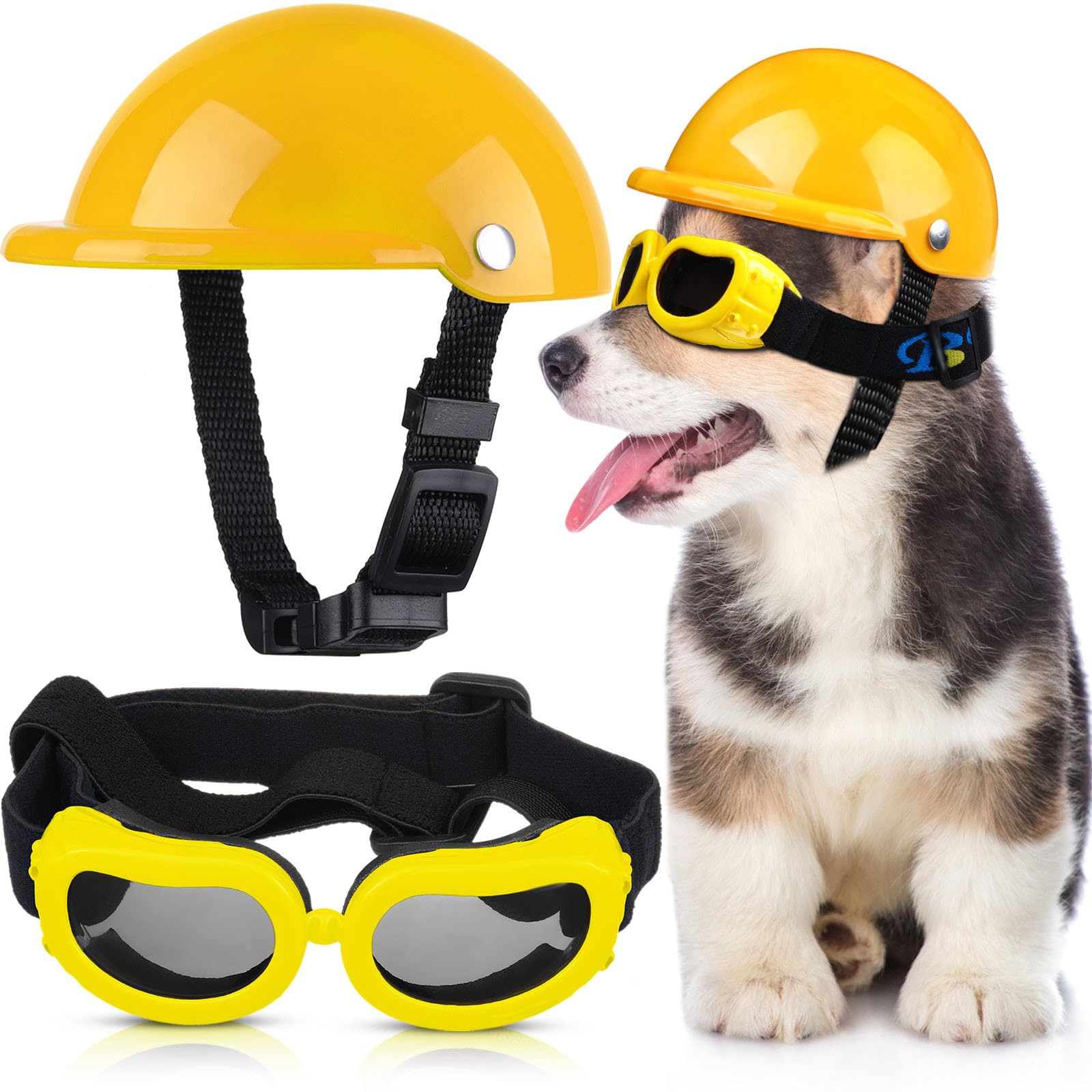 Haustier-Hundehelm und Hundebrillen-Set, gepolstert, 10.2 cm, Motorradhelm, Hunde-Sonnenbrille, Sicherheitskappe, entzückende Welpenbrille mit verstellbarem Gürtel für kleine Hunde, Größe S (Gelb)