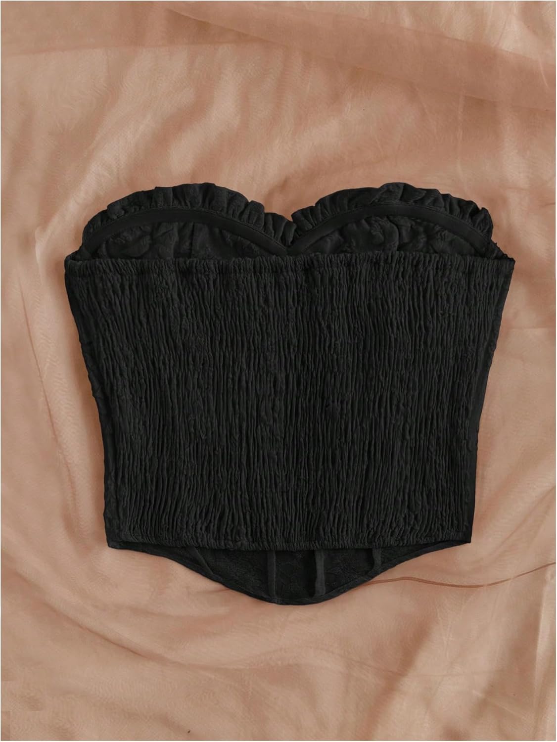 WDIRARA Women's Textured Asymmetrical Crop Tube Top Strapless Bustier Tops Ruched Smocked Bandeau - Image 2