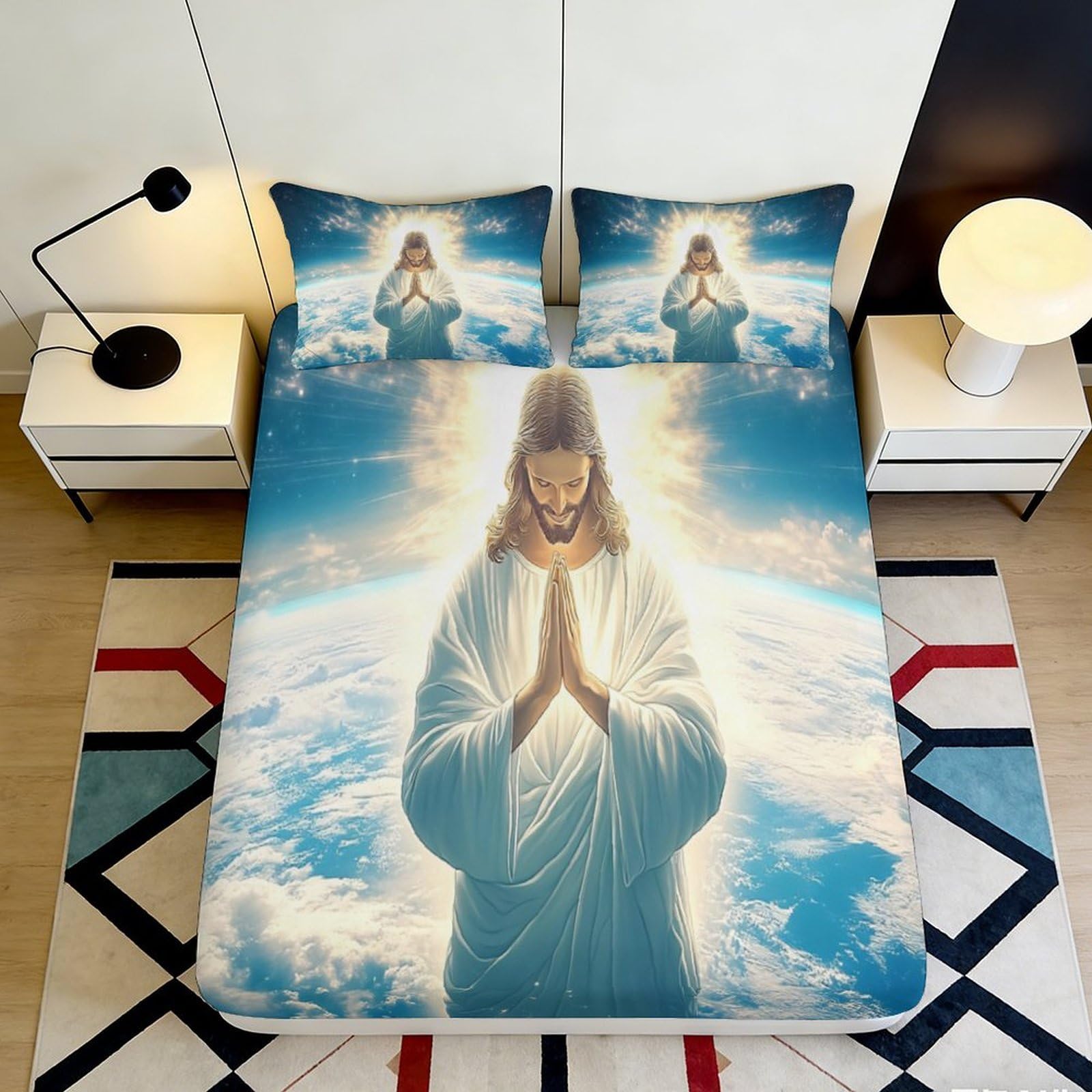 3D Printed Jesus Praying Fitted Sheet Microfiber Soft Breathable Heavenly Light Bed Cover for Bedroom Dormitory Guest Room Mattress Protection Decor 140x200x25cm