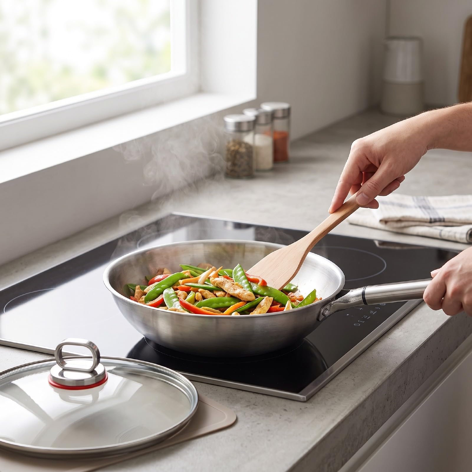 Asixxsix Wok ze Stali Nierdzewnej ze szklaną pokrywką, 11 Cali