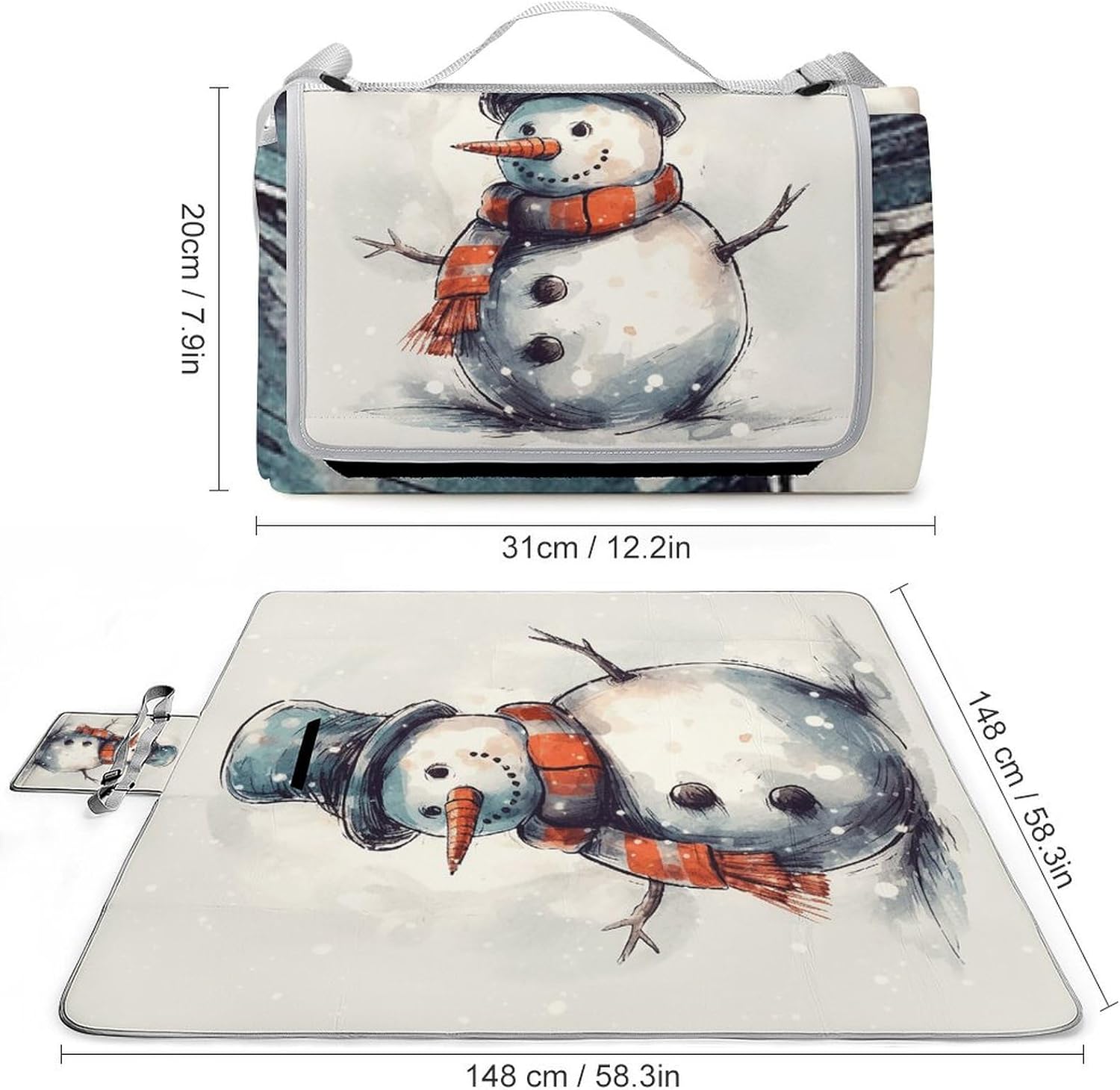 Outdoor Picnic Blanket Extra Large Beach Blanket Waterproof Picnic Mat Hand Drawn Snowman Camping Blanket Portable with Carry Strap Park Blanket for Grass Camping Park