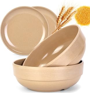 4-Piece Wheat Straw and Resin Dinnerware Sets - 2×7.6" Dinner/Dessert Plate & 2×8.5"Salad/Soup/Big serving Bowl, Dishwasher & Microwave Safe Biodegradable Cereal plates and bowls for Eating
