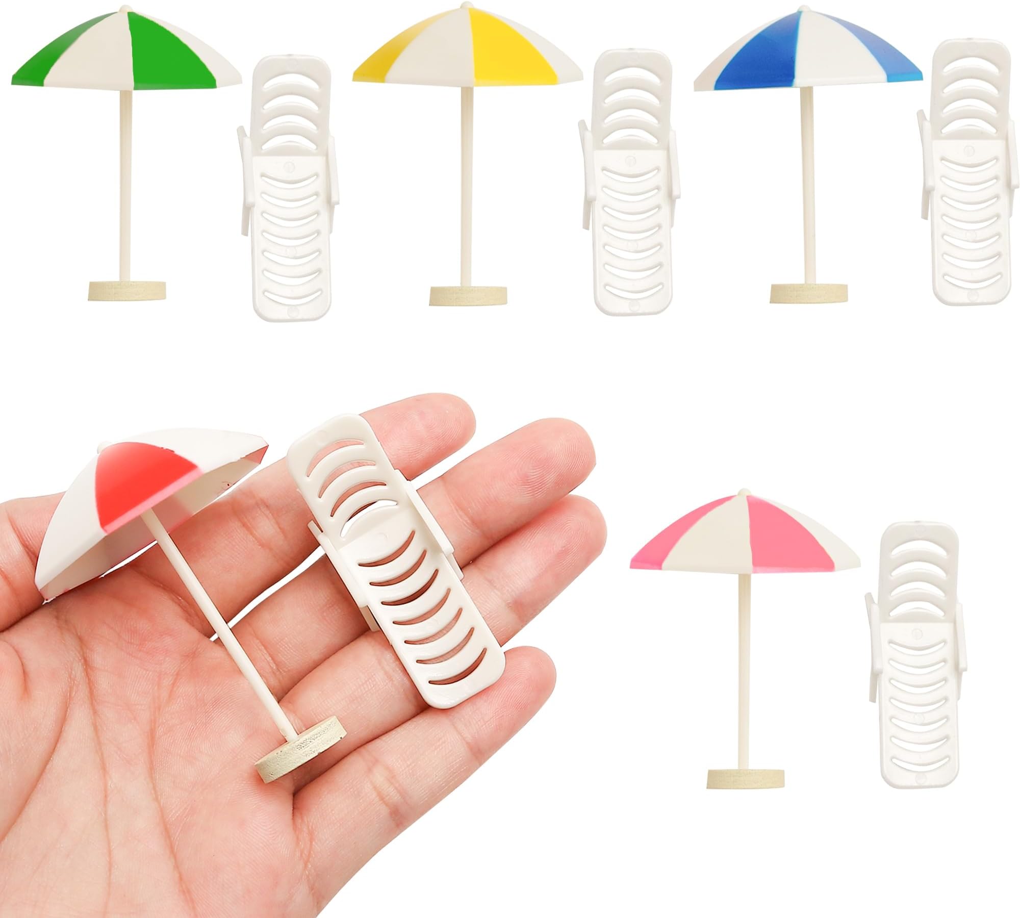 Set of 10 Miniature Beach Furniture for 1:24 Scale Miniature Dollhouses (5 Umbrellas,5 Deck Chairs) – Small Plastic Sunshade with Base for Mini Garden, Diorama, Crafts, and Photography Props