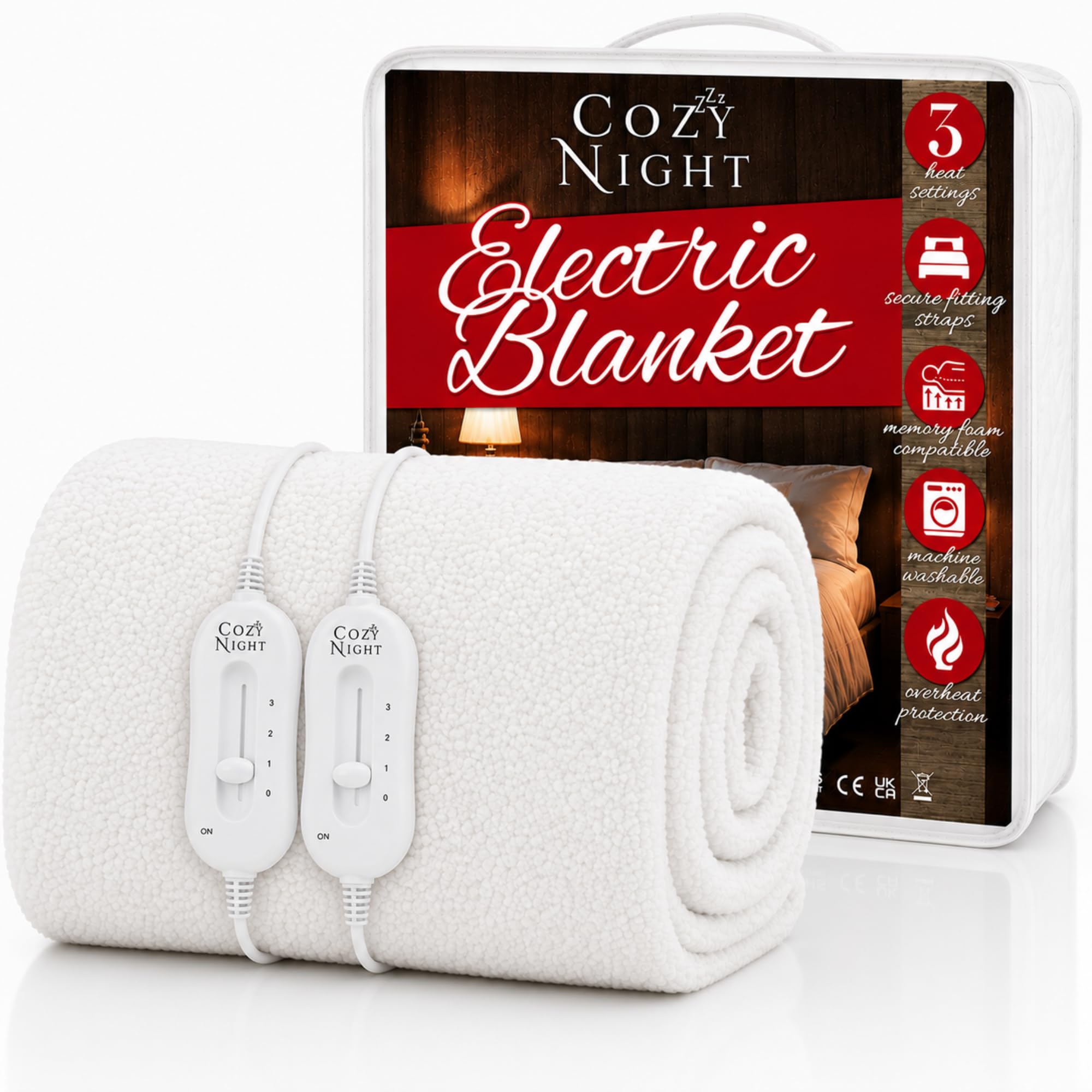 Cozy Night White Electric Blanket King Size Fiied Mattress Cover Underblanket, Dual Control With 3 Heat Settings, Luxury Fleece Material, Machine Washable, Overheat Protection, Corner Straps, W152 X L200cm