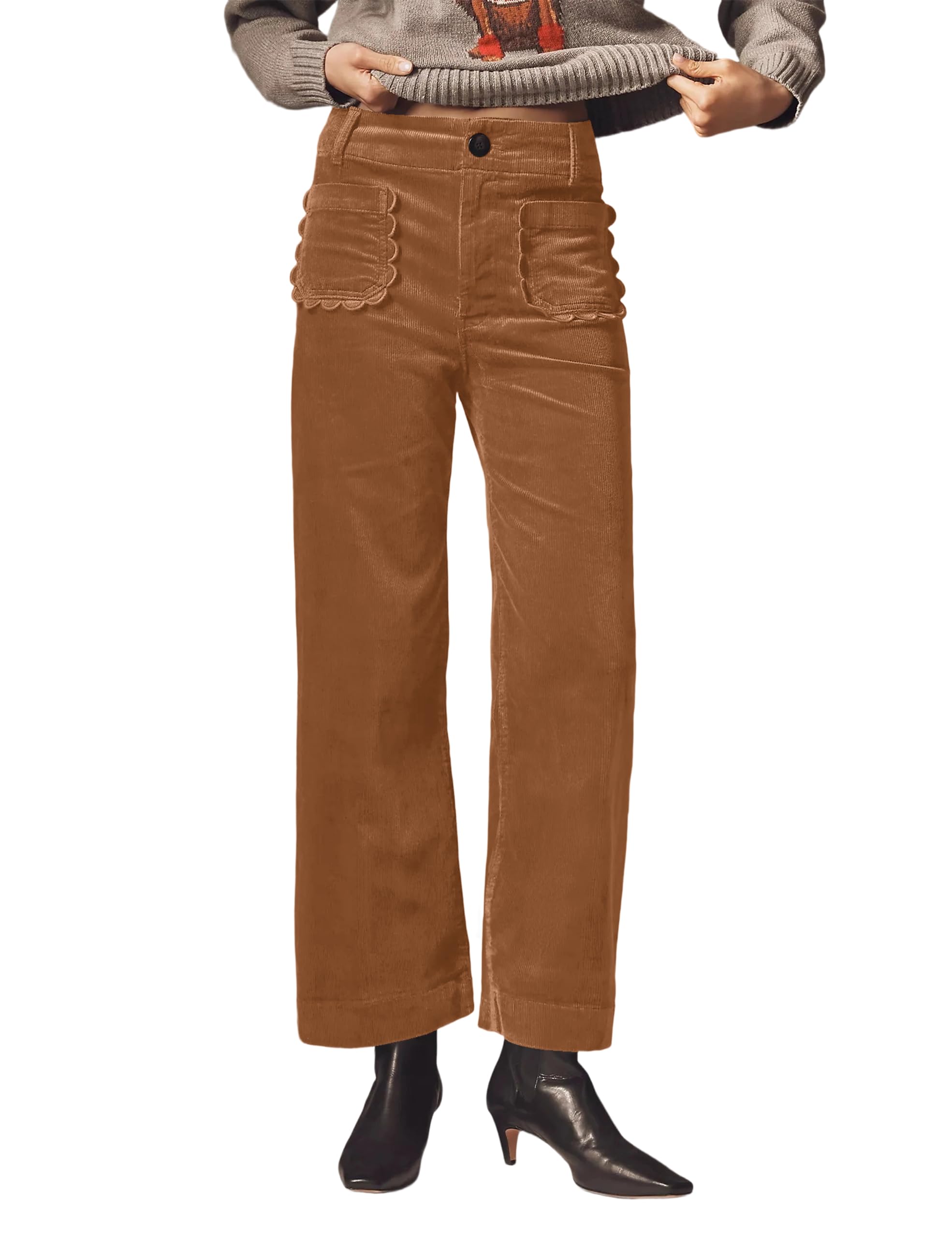Women Corduroy Wide Leg Pants 2025 Fall Fashion Casual Button Down High Elastic Waist Trousers with Scalloped Pockets