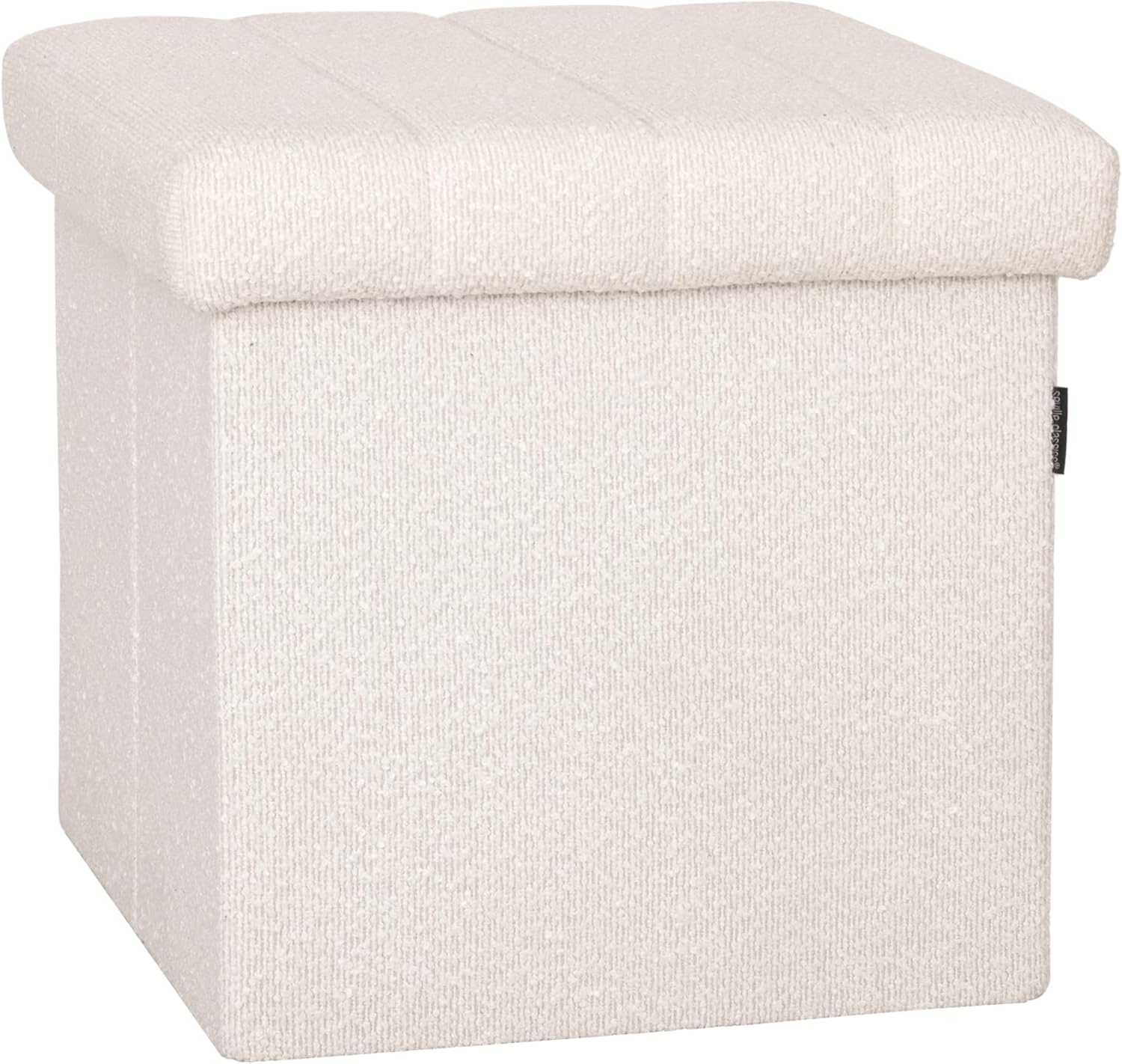 Seville Classics Cushioned Fabric Ottoman Hidden Storage Chest Footrest Chair, Padded Seat for Bedroom, Dorm, Loft, Living Room, Entryway, Hallway, White Boucle, 15.7" Cube