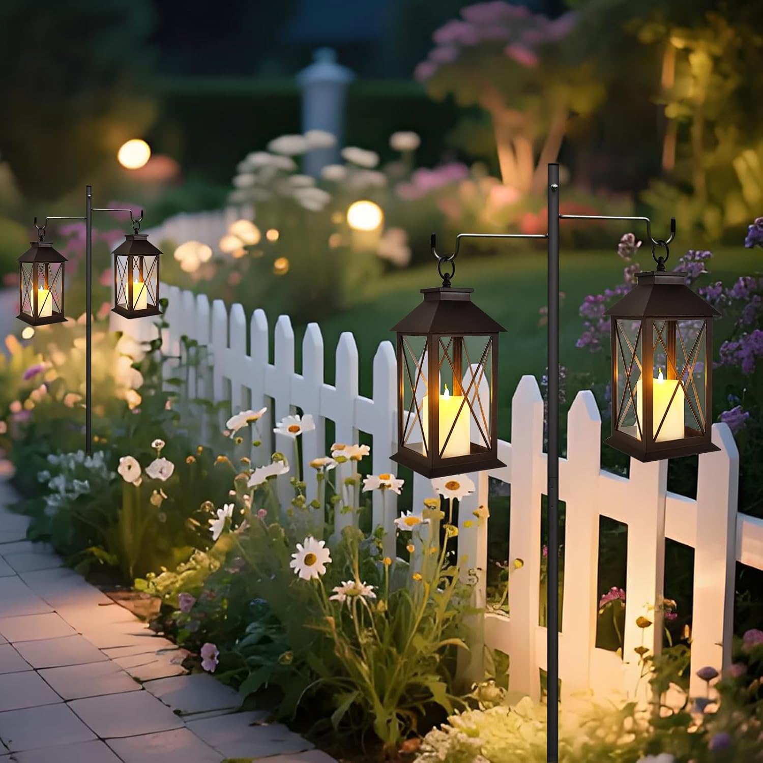 Wallsky Lanterns Decorative Outdoor & Indoor, Battery Powered Candles Lanterns Vintage with LED Flickering Flameless Candles for Porch, Balcony Fancy, Patio, 2 Pack