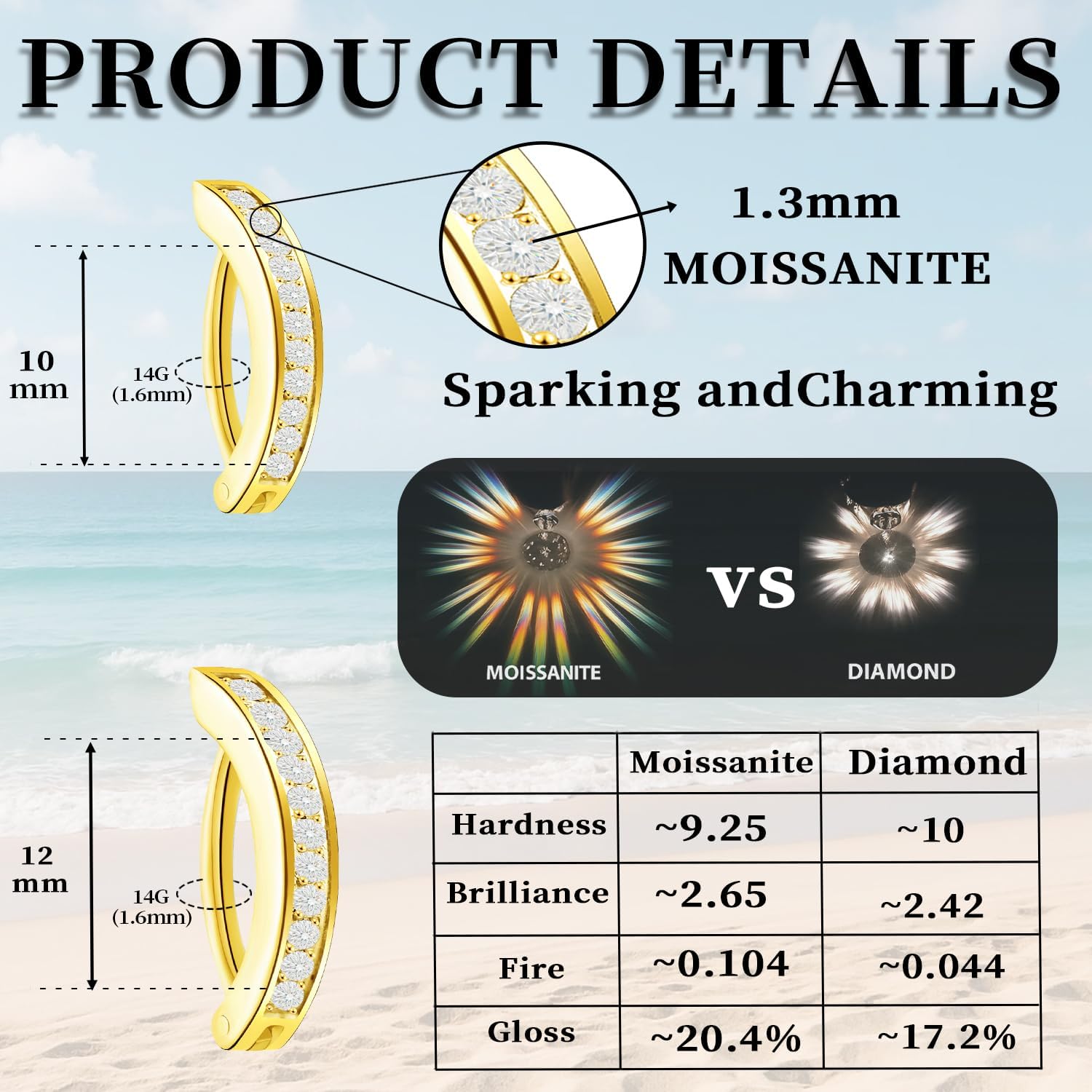 2-Piece Moissanite Belly Ring Set, Hypoallergenic Titanium Clicker with 14K Gold Plating - 10mm & 12mm Simple Reverse Navel Piercing Jewelry for Women, Men & Sensitive Skin - Image 3