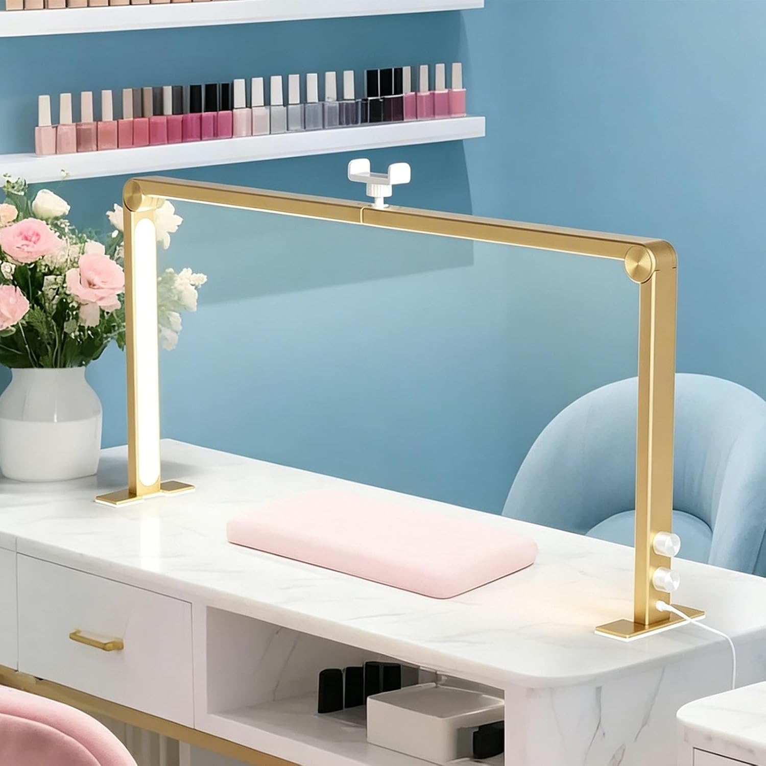 Nail Desk Lamp, Tri-fold Nails Tech Light with Phone Stand, 3000K-6000K Color Temperature, Professional Manicurist Desktop Lamp for Lash Tattoos Eyebrows Beauty(Gold)