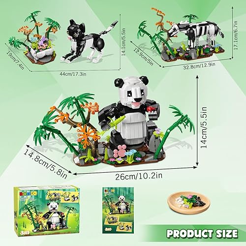 Miniatura 8 de Juego de construcción 3 en 1 de animales salvajes de panda, figuras de animales con 3 opciones de construcción, panda, gato, cebra, 724 piezas,