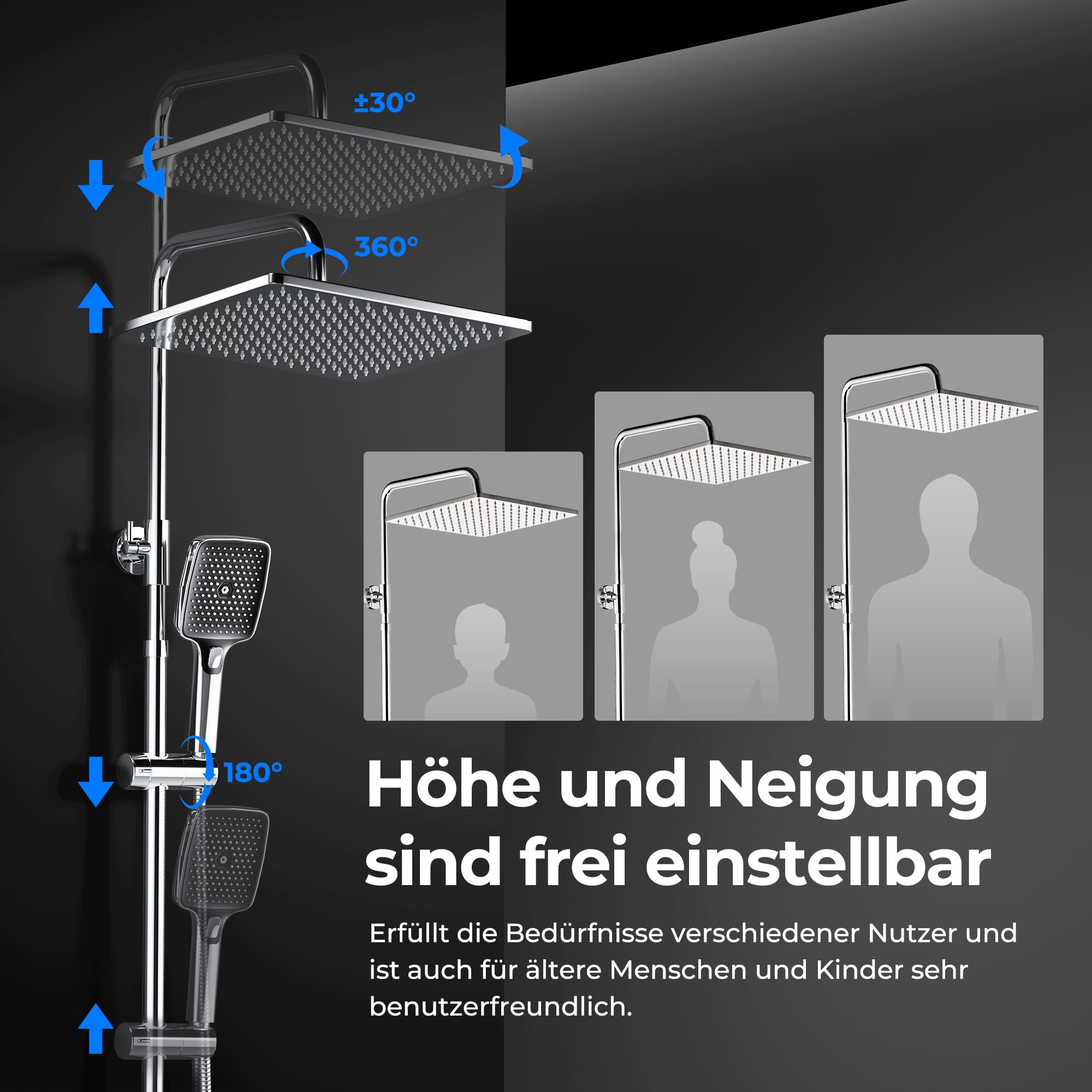 JOHO Colonne de douche effet pluie en acier inoxydable sans robinetterie, barre de douche réglable de 74 à 114 cm, tête supérieure extra-épaisse 25 x 25 cm antirouille, chromée