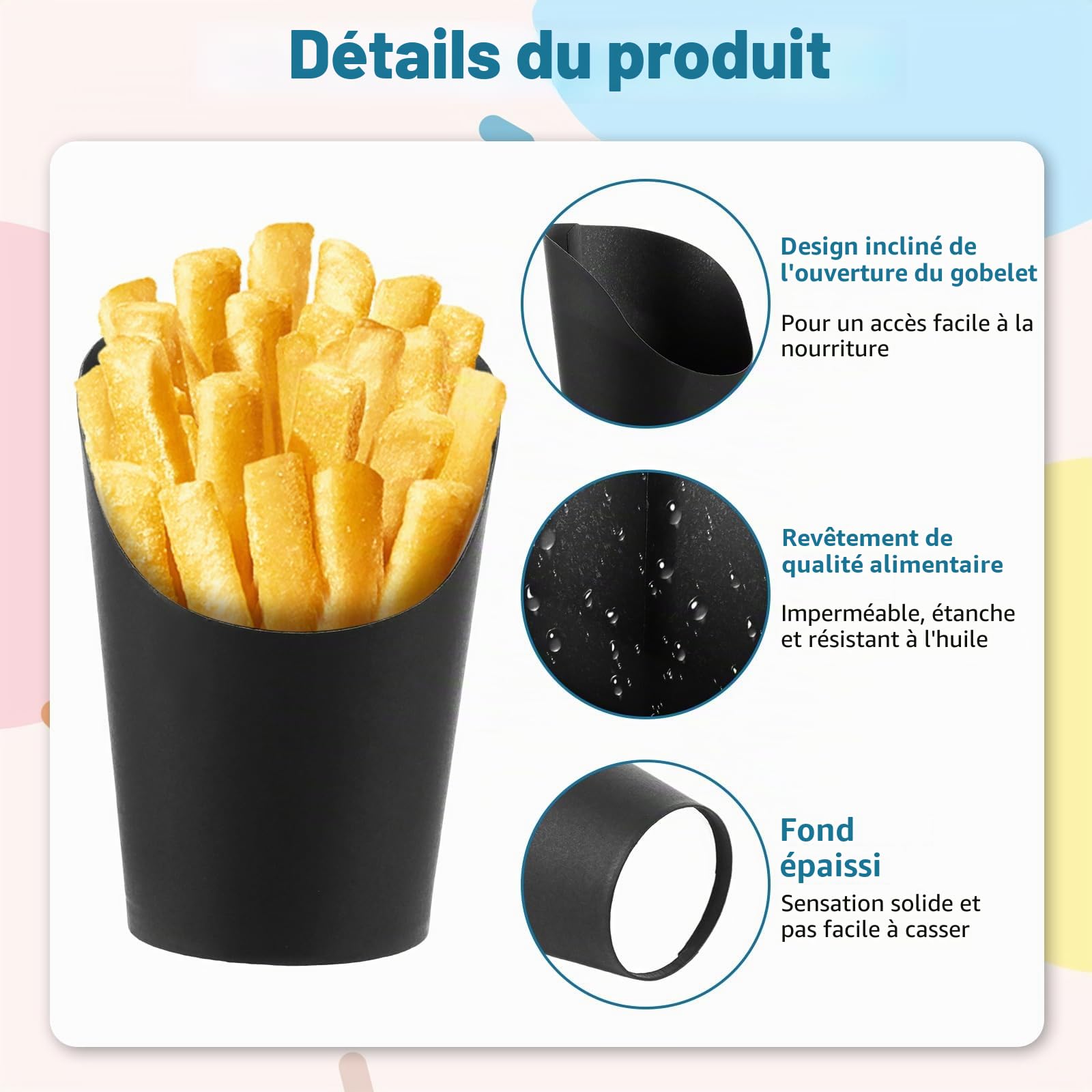 100 Barquettes Frites en Papier Kraft, 14oz Cornet Frite Noir pour Bubble Waffle et Cornet de Glace, Poches à Frites Épaisses Résistantes à l'Huile, 100 Pièces