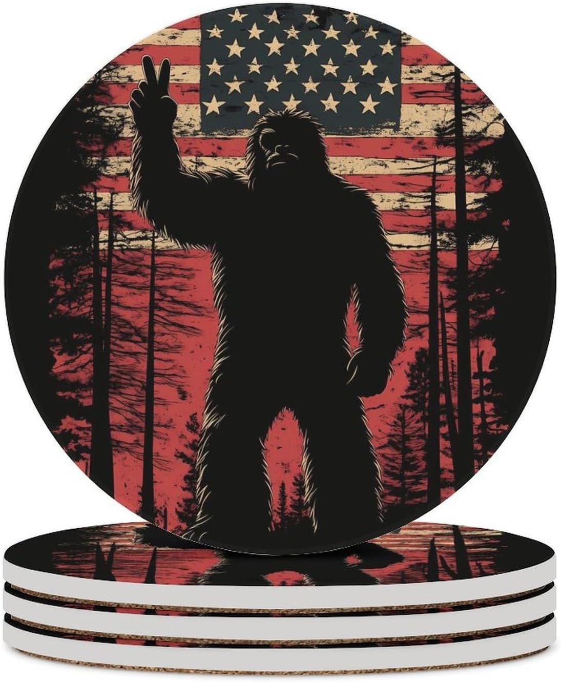 Bigfoot U.S. Flag Round Ceramic Coasters Print Drinks Absorbent with Cork Base for Home Decor Gifts 4 Inch