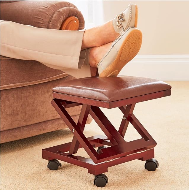 Chums | Luxury Cushion Padded Adjustable Footstool Portable Foot Rest | Mahogany