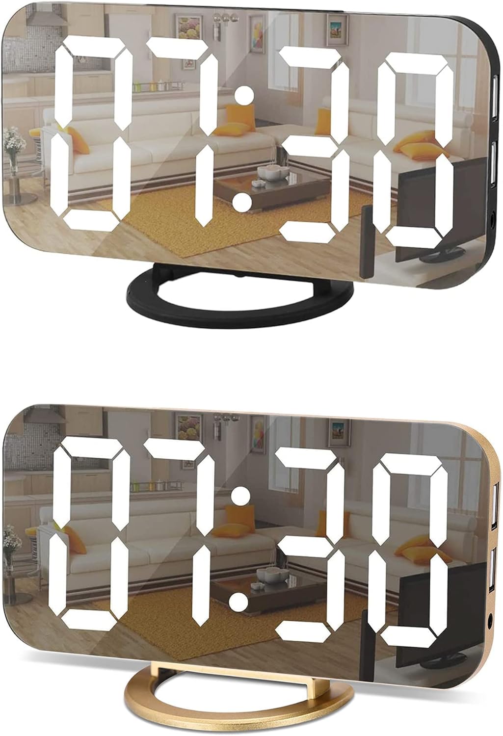 Digital Alarm Clock Set 2, LED and Mirror Digital Large Display with Dual USB Charger Ports | Auto Dimmer Mode | Easy Snooze Function, Modern Desk Wall Clock for Bedroom Home Office (Black+ Gold)