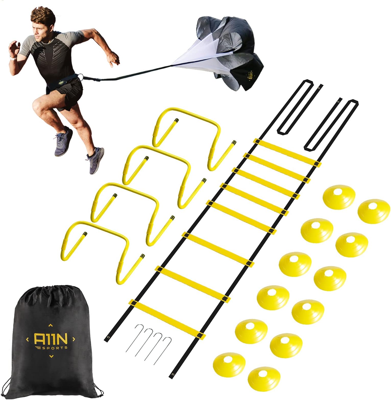 A11N Speed & Agility Training Combo Set - Includes 4 Adjustable Agility Hurdles, Quick Ladder, Speed Chute, & 12 Cones - Training for Speed, Agility, and Quickness
