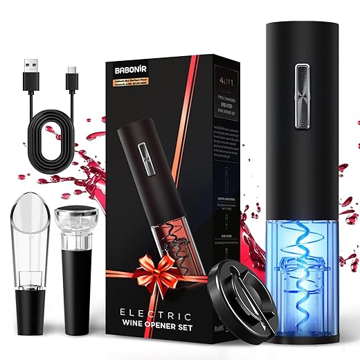 Electric Bottle Wine Opener Set, Automatic Electronic Corkscrew with Blue Led Indicator, Vacuum Stopper, Pourer, and Foil Cutter, Perfect for Home, Party and Wedding, Rechargeable