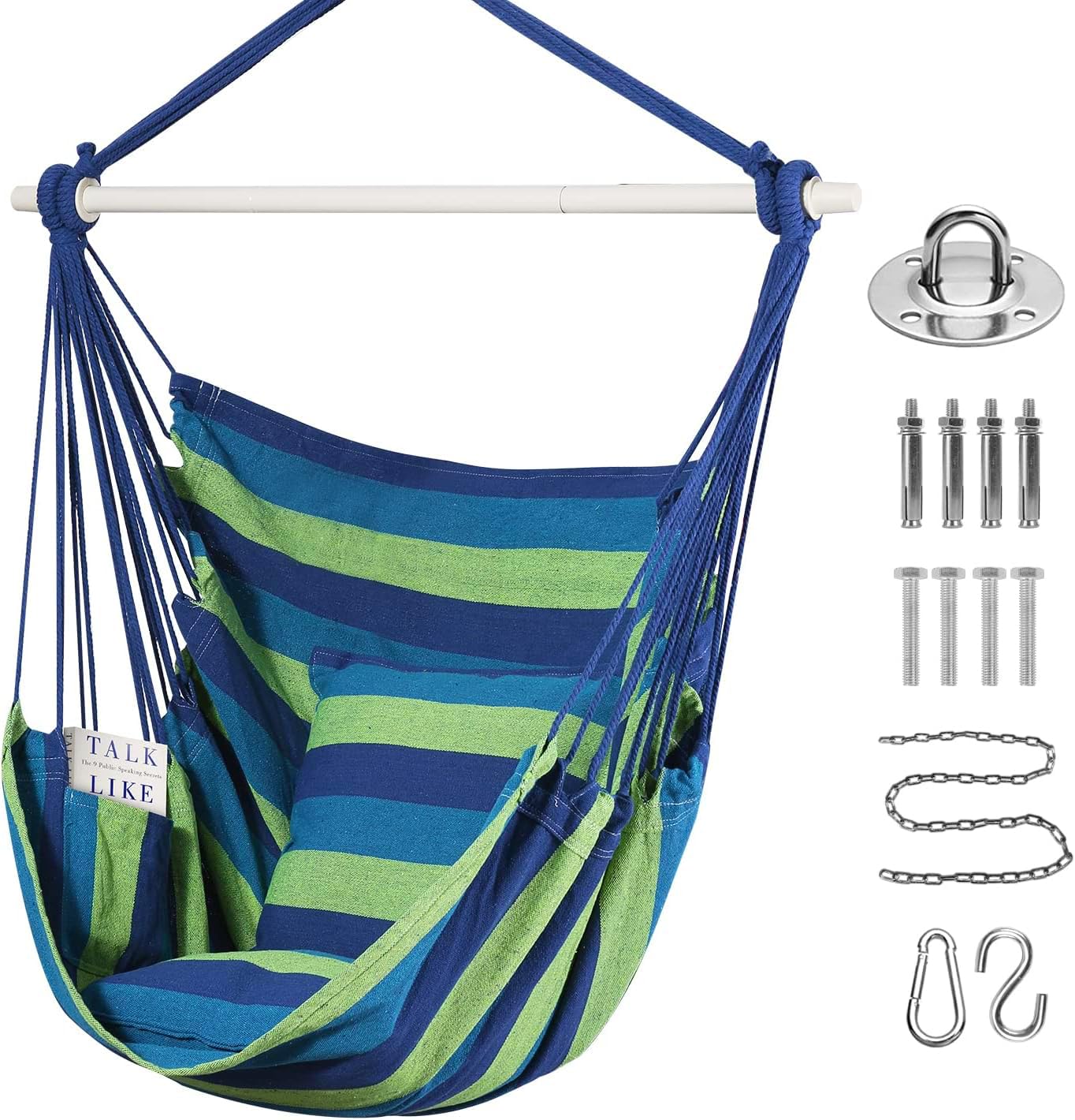 Goutime Hammock Chair Swing with 2 Seat Cushions Pillows, Hanging Chair with Detachable Metal Support Bar,Swing Chair with Carry Bag,Hanging Chair for Bedroom/Outdoor,Maximum 330 Lbs(Blue and Green)