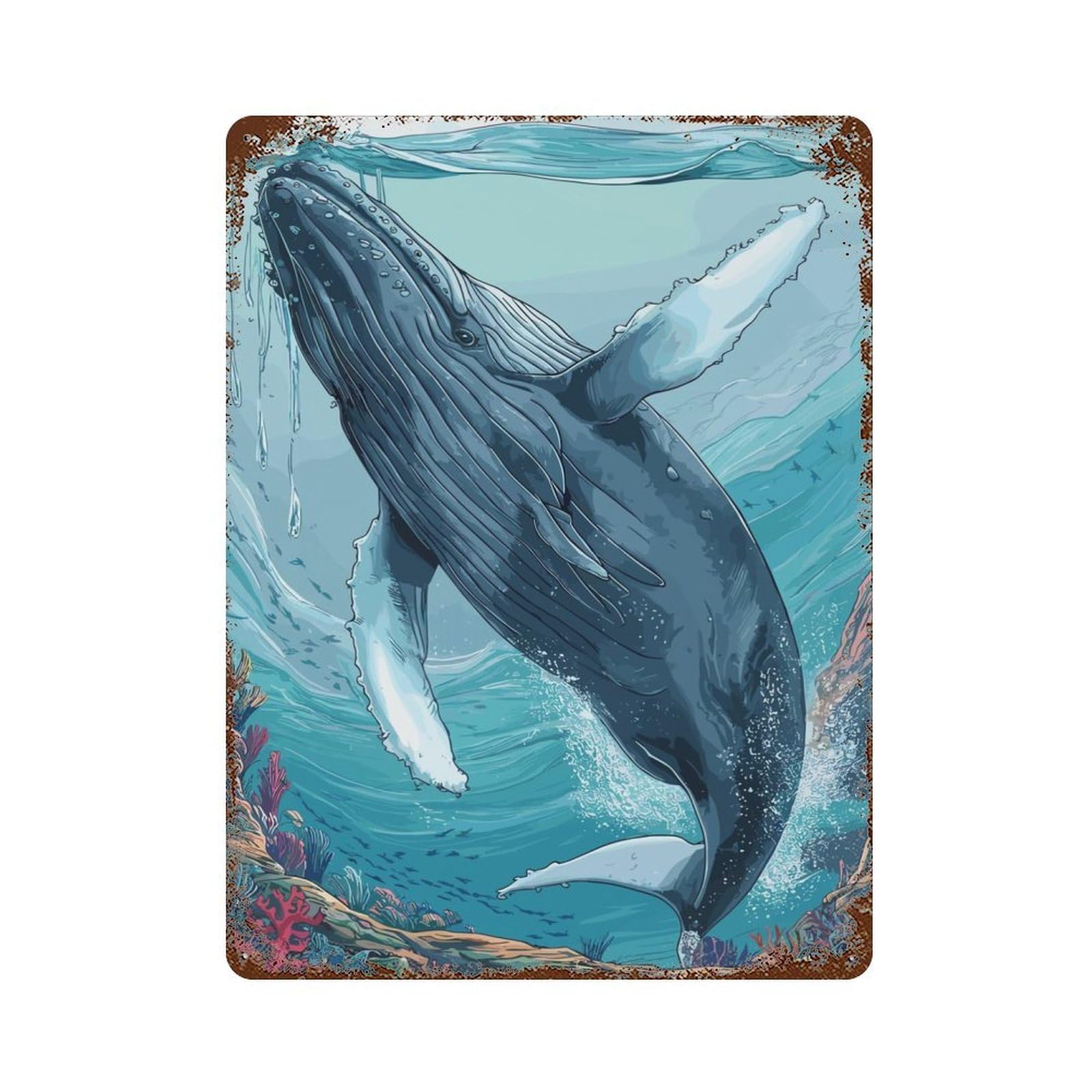 Humpback Whales Animals Aged Metal Wall Plaque 15.7"x11.8", Ideal for Garage, Bar And Workshop Decor