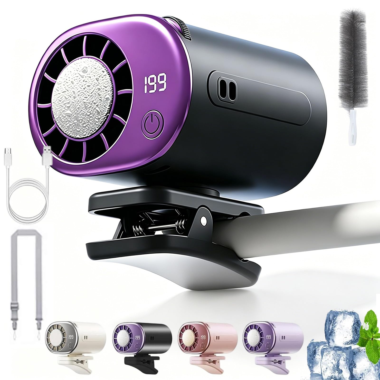 Gienslru 2026 Car Clip on Air Conditioner Fan with LED Display, 360° Rotation Portable Mini Cooling Fan, Portable Mini Cooling Fan with 199 Speeds & Semi-Cooling, USB for Car Office Camping (Gray)