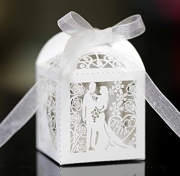 50PCS Laser Cut Wedding Party Favor Box Candy Bag Chocolate Gift Boxes with Ribbon Romantic Hug Lovers Candy Cookie Small Gift Box Present Boxes DIY Candy Boxes for Wedding Birthday Party,A