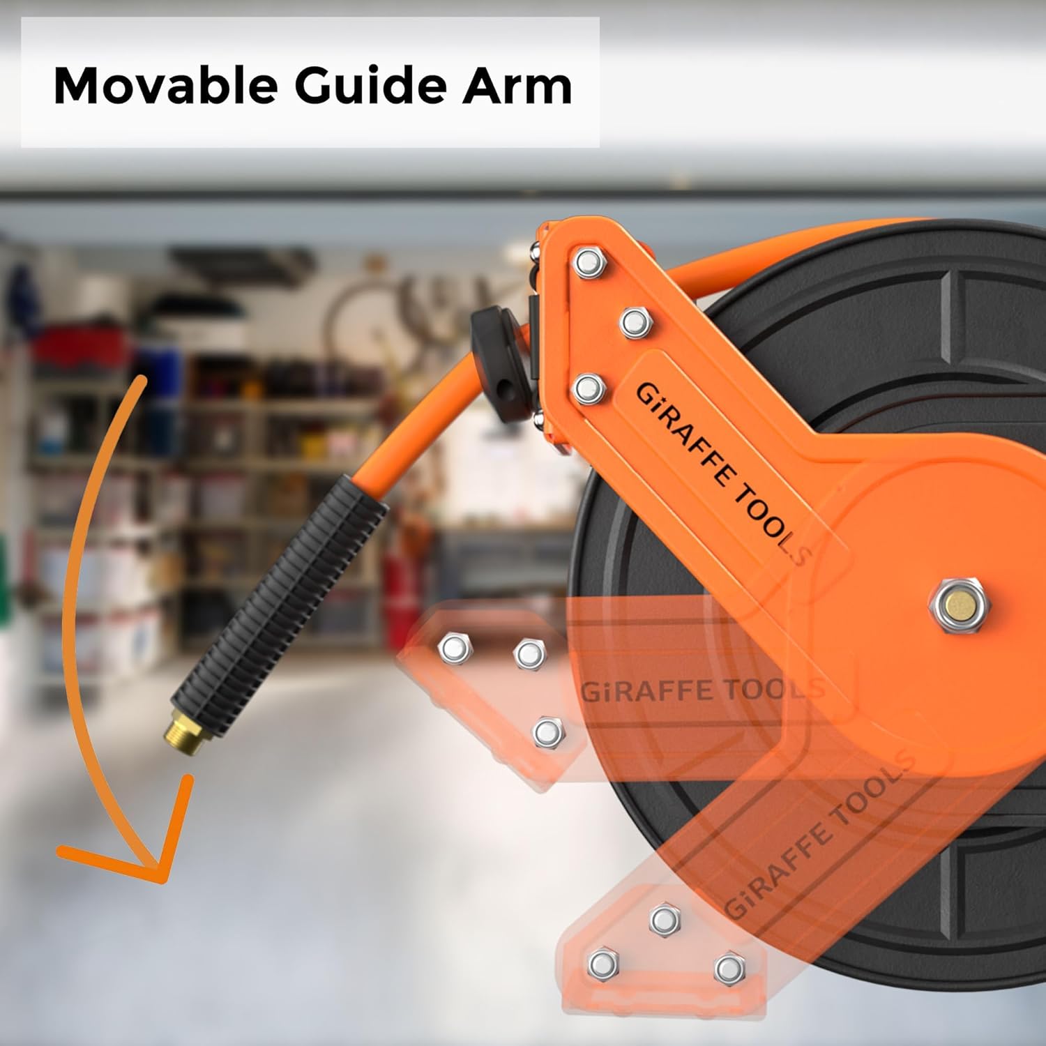 Giraffe Tools Retractable Air Hose Reel Wall Mount 3/8" x 50 ft Hybrid Hose, Air Compressor Heavy Duty Steel Reel Auto Rewind 300PSI, 50ft, Tangelo