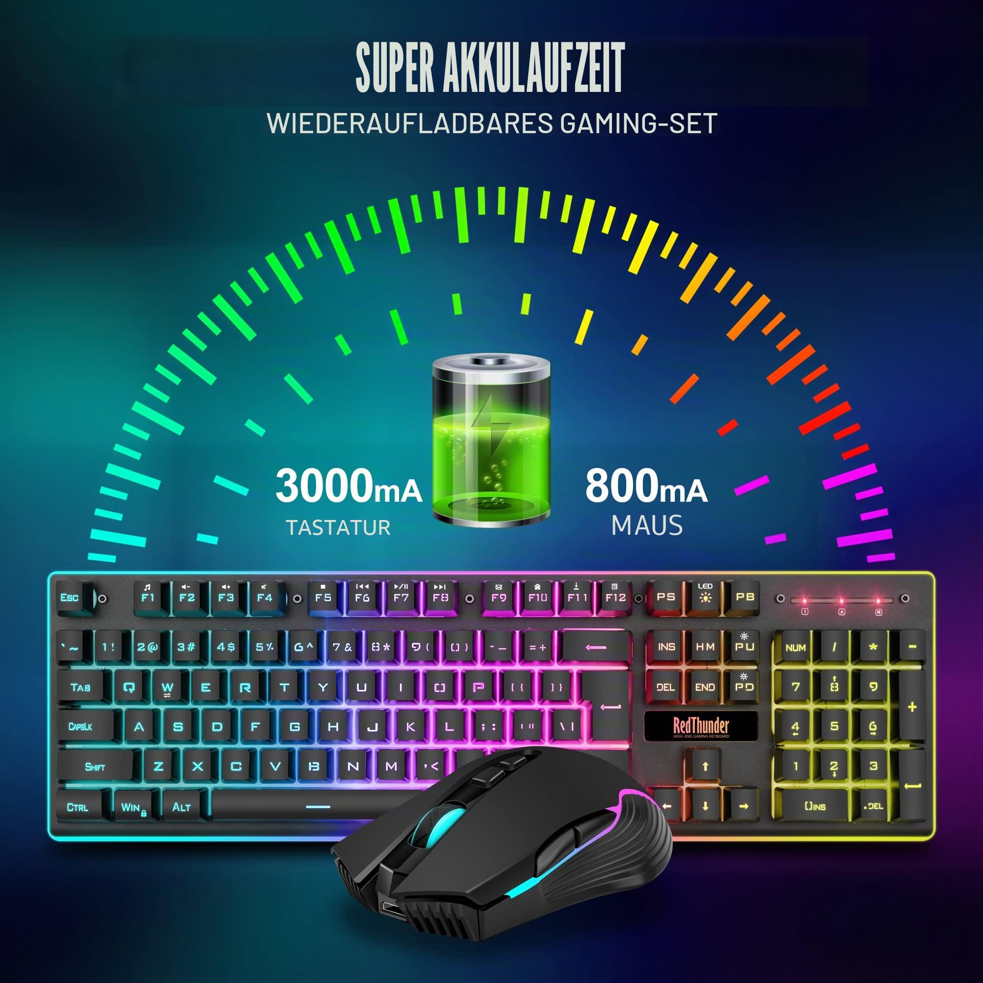 RedThunder K10 Gaming-Tastatur, mechanisches Gefühl, RGB-Hintergrundbeleuchtung, wiederaufladbarer Akku mit 3800 mAh, Anti-Ghosting + 7D-Maus, 3200 DPI, ES-Layout, für PC/PS5/Xbox, Schwarz