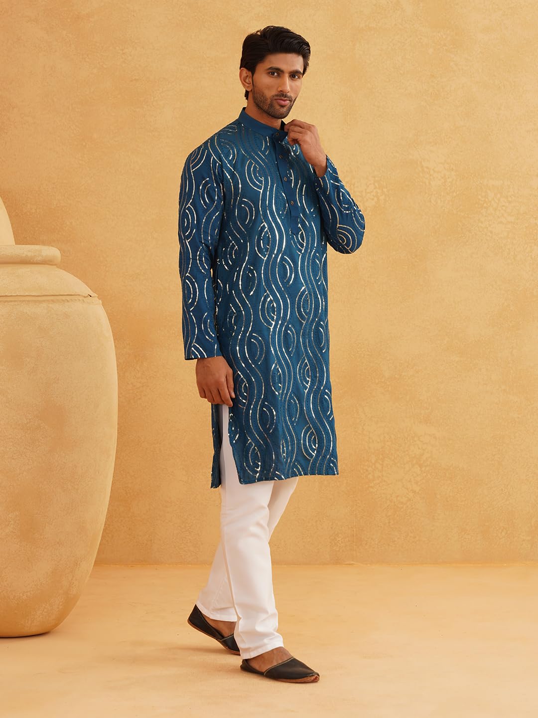 Sojanya (Since 1958 Men's Pure Cotton Tealblue Designer Kurta And White Churidar Pyjama Set