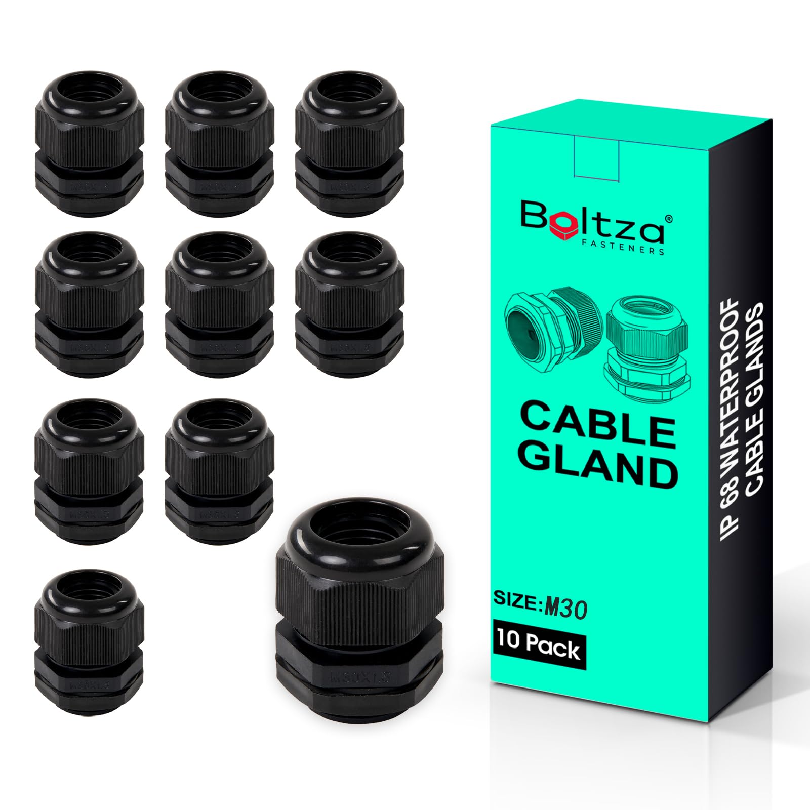 Boltza Black Boltza® Nylon Cable Gland – Ip68 Waterproof Cable Connector For Electrical Enclosures, Junction Boxes, Outdoor Use – Conduit Gland – 10 Pack (M30)