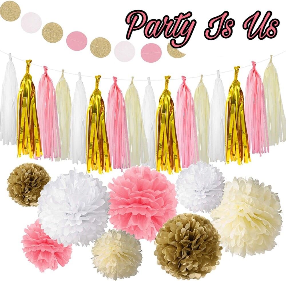 30 Pcs Tissue Paper Pom Poms Flowers Tissue Tassel Garland Polka Dot Paper Garland Kit Party Supply Decoration For Wedding Party Birthday Party Engagement Party Baby Shower Decoration.