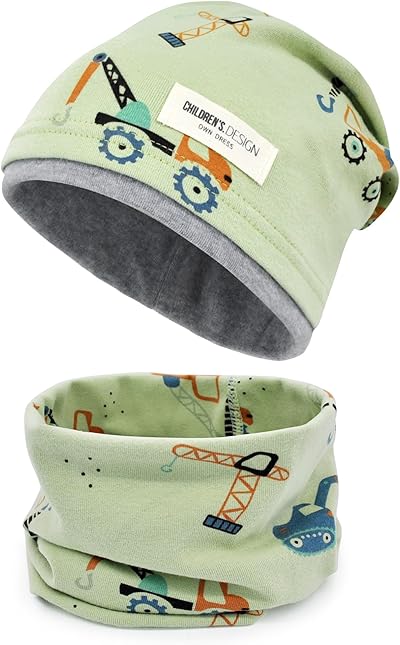 beifon Kinder Beanie Mütze & Loop Schal Set, 95% Baumwolle Mütze Schal Set Mädchen Jungen 2-8 Jahren, Schlauchschal Warme Wintermütze Strickmützen für Herbst Winter Frühling