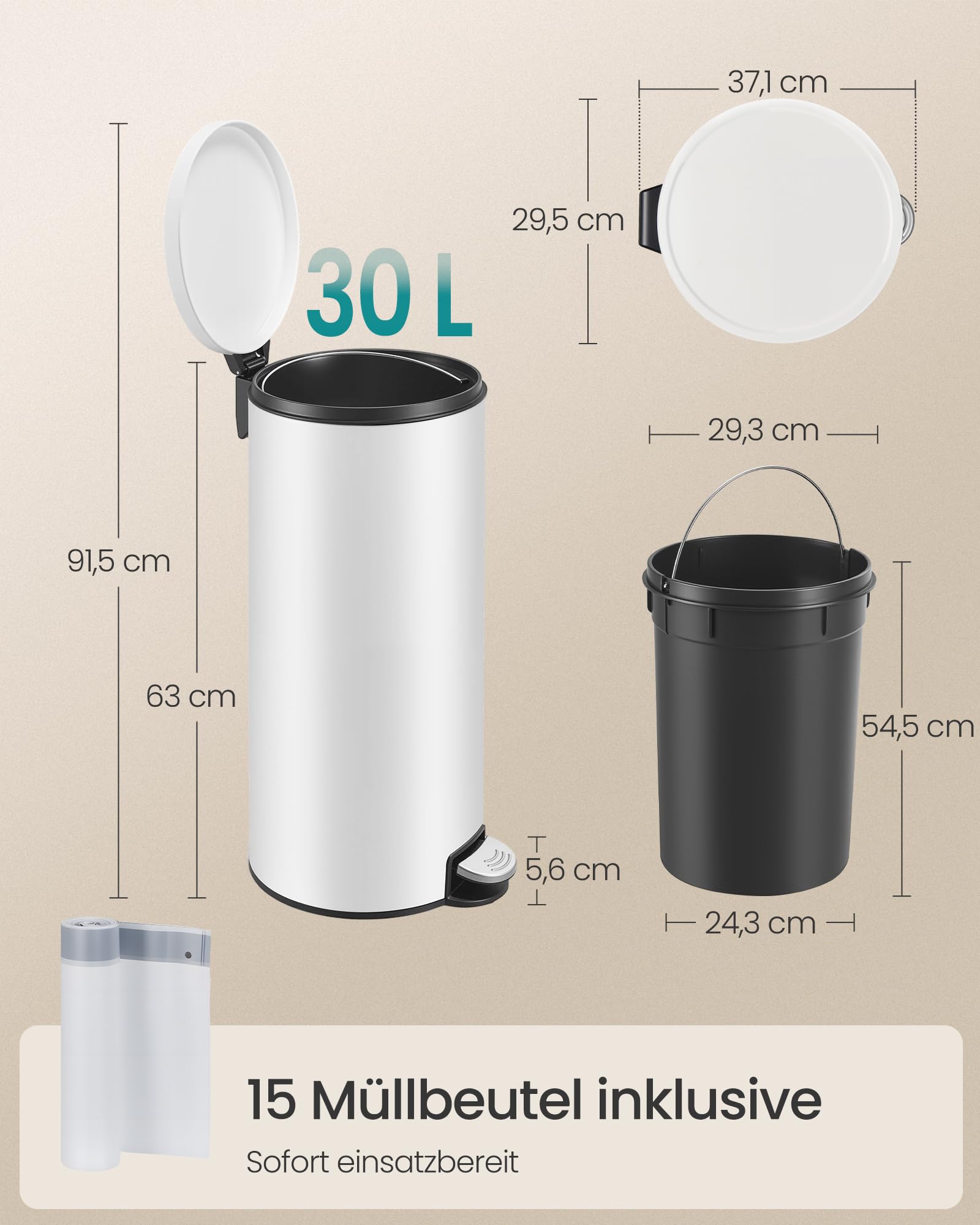 SONGMICS Mülleimer Küche, weiß, 30 L, mit Deckel, Softclose