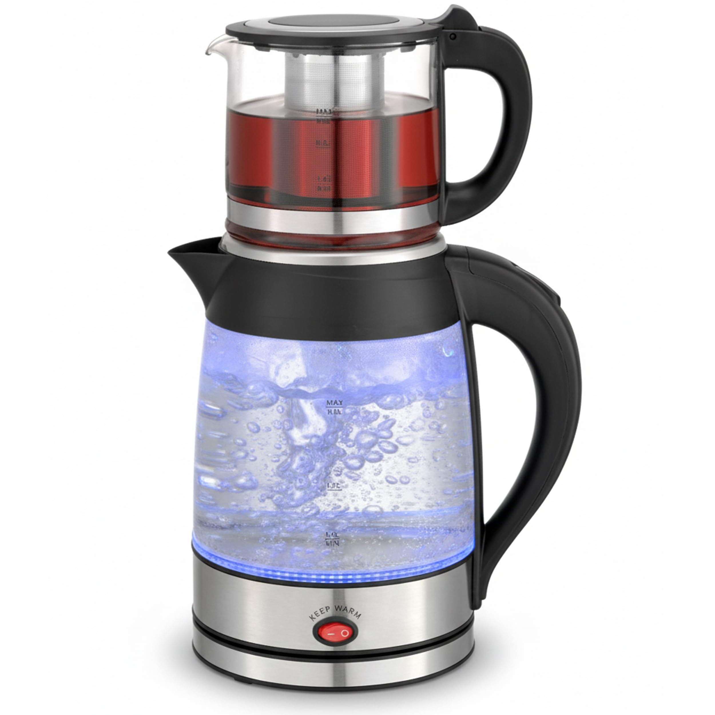 Siberg Set di bollitore da tè 3 in 1 – Macchina da tè turca con bollitore da 1,8 l, caraffa in vetro da 800 ml, potenza 2200 W, funzione di mantenimento al caldo, senza BPA