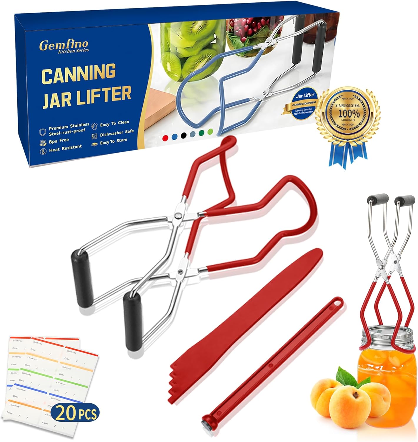 Canning Jar Lifter Tongs with Jar Lid Lifter Magnetic Lid Lifter,Canning Bubble Popper Bubble Remover and Canning Labels for Canning Supplies Starter Kit,4Pcs Canning Tools-Red