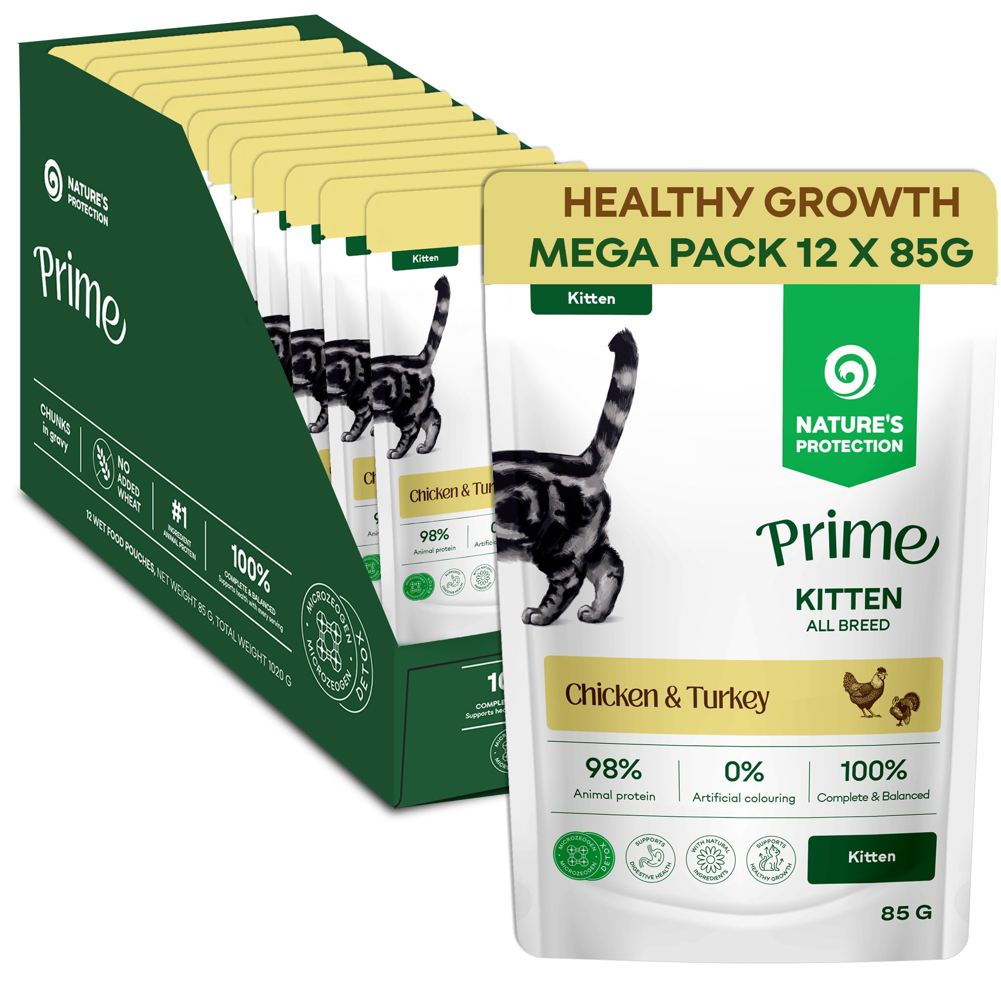 Nature’s Protection Prime Wet Kitten Food Pouches, Hypoallergenic Kitten Food in Gravy with Chicken and Turkey, Highly Digestible and Healthy Growth Support, 12 x 85g — image 1