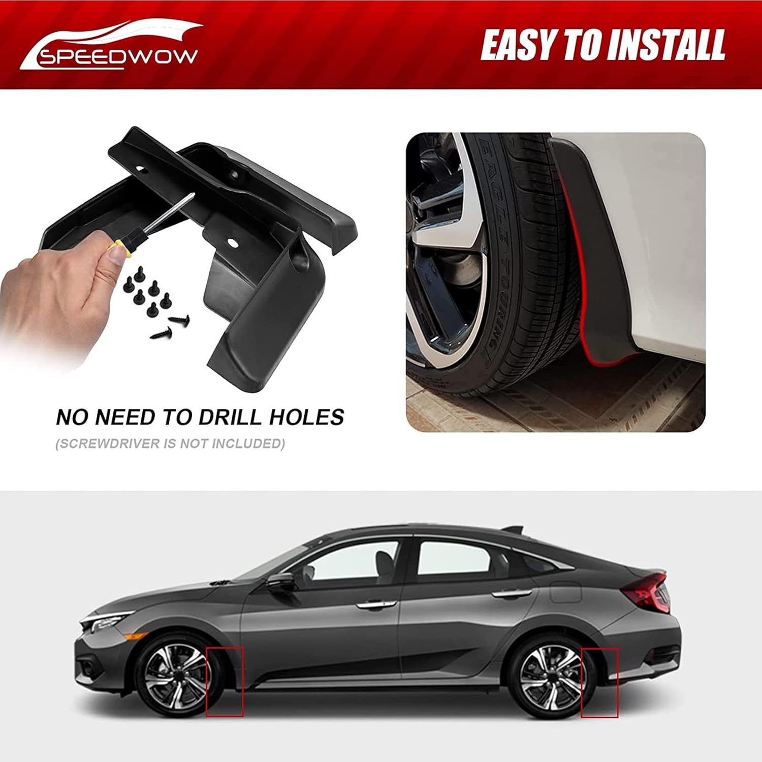 SPEEDWOW Mud Flaps,Fit for 2016-2019 Honda Civic(Not fit Side Skirts),Front and Rear 4Piece/Set（No Drilling Required）