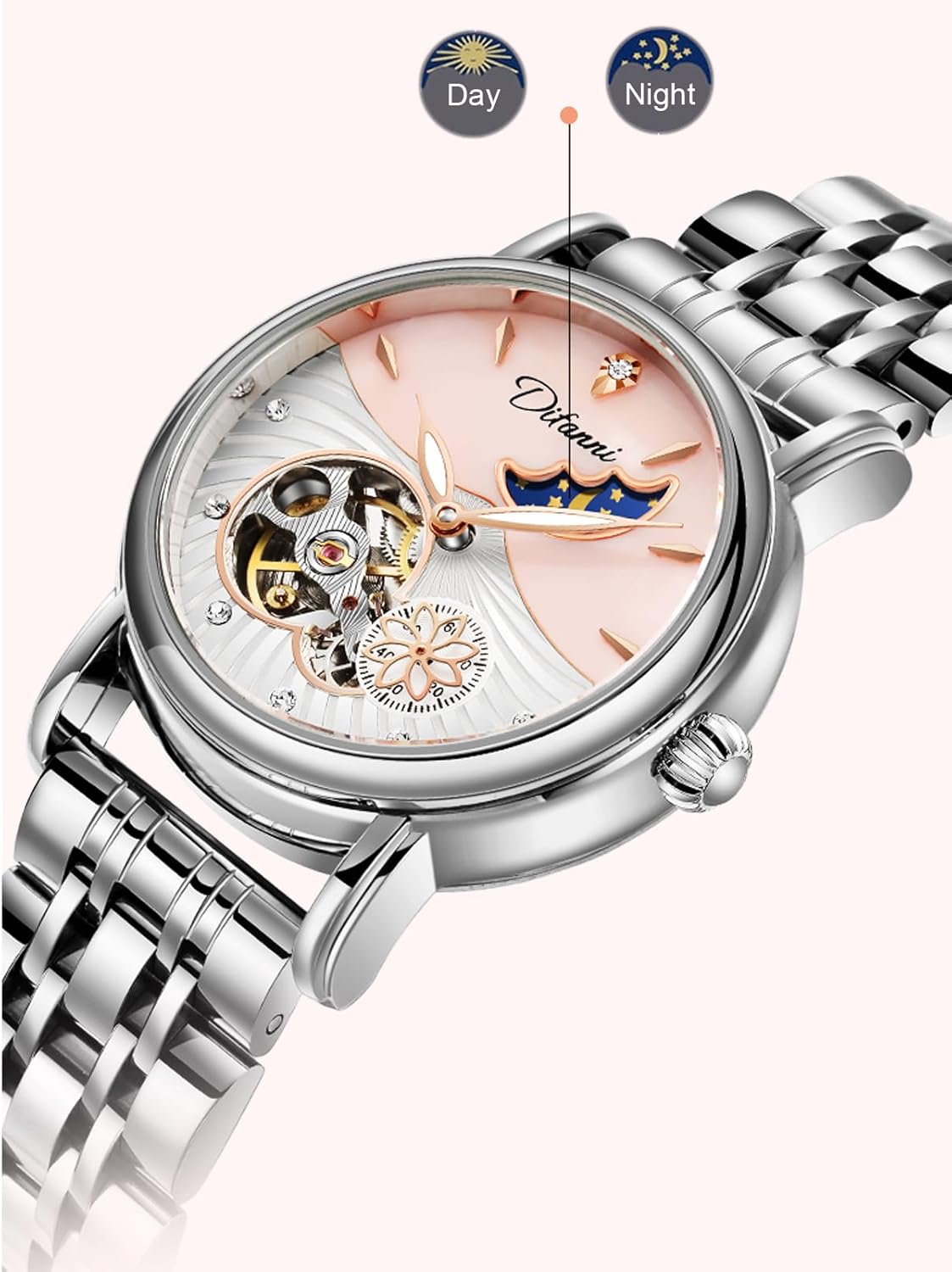 Women's Automatic Watch with Moon Phase & Flower Second Hand, 34mm Rose Gold Skeleton Mother of Pearl Dial, Diamond Bezel, Genuine Leather Strap - Image 5