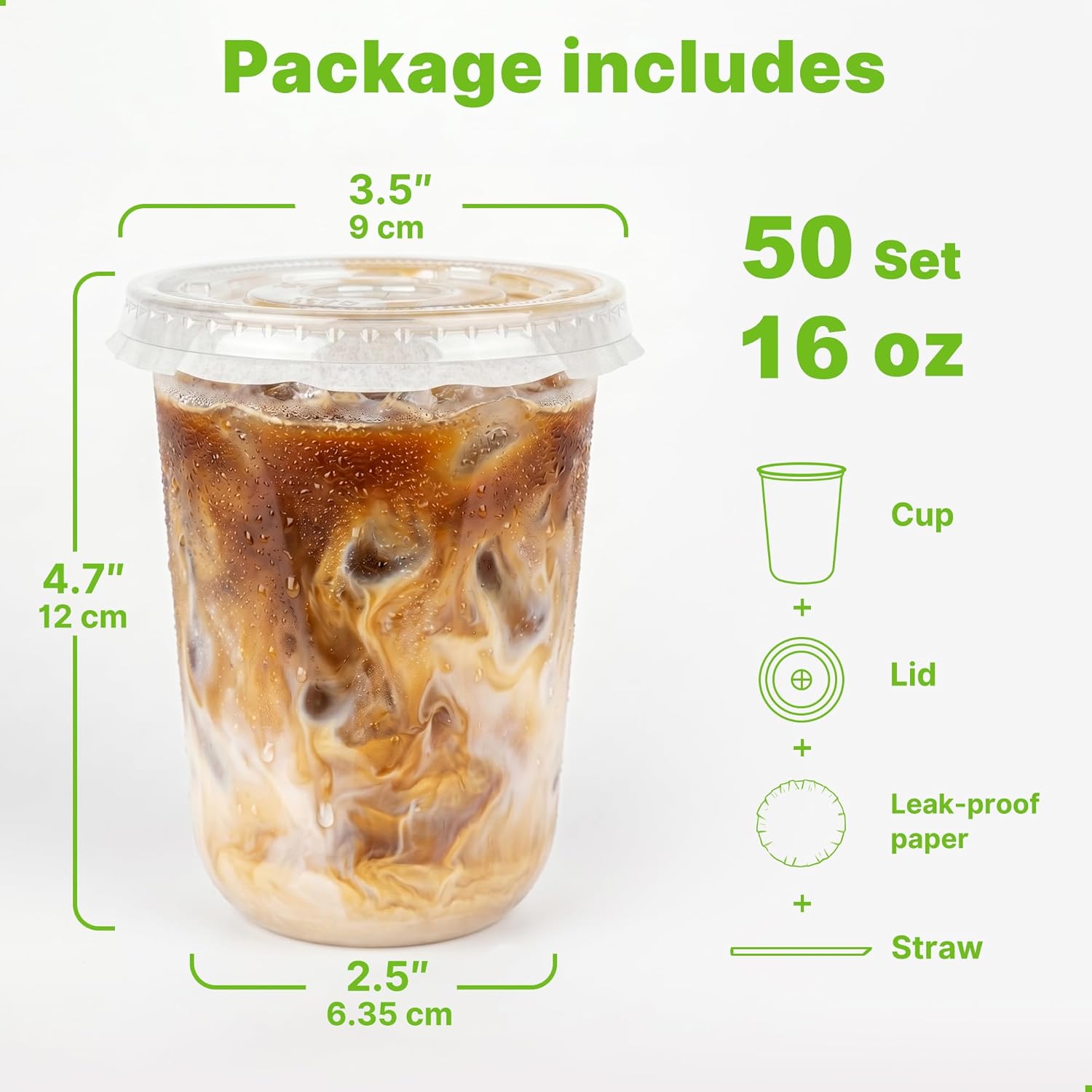50 Pcs 16oz Plastic Cups with Lids and Straws - Disposable Clear Round Bottom Iced Coffee Cups for Cold Drinks Smoothie Slushie Juice Birthday Party, Includes Leak-Proof Paper (Black/Clear)