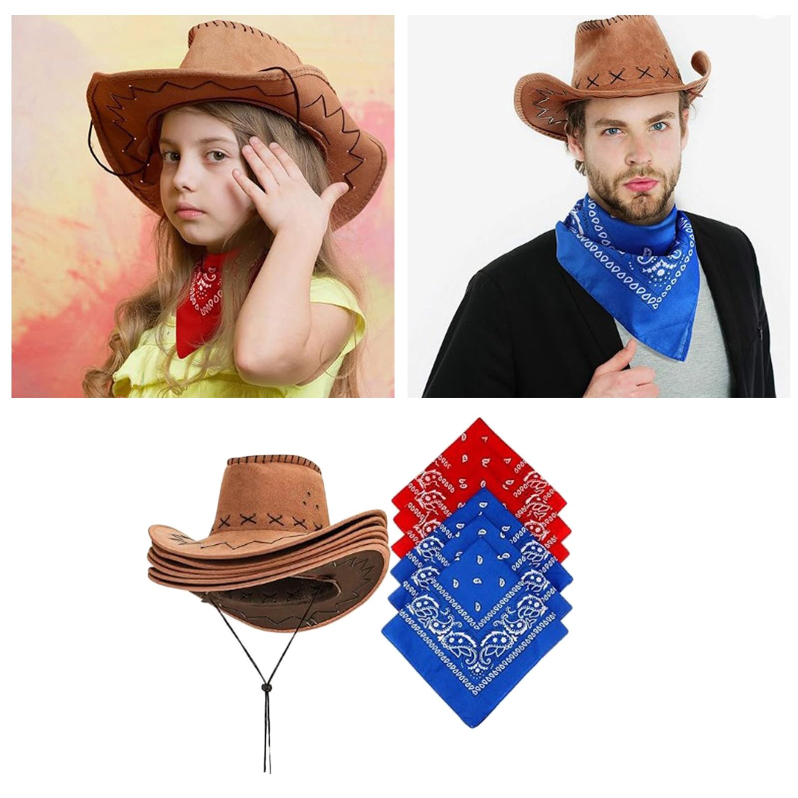Lot de 12 chapeaux de cowboy occidentaux bandanas pour fête prénuptiale, chapeau de cowgirl foulard, costume pour adulte, accessoires de fête, chapeau de cowboy pour fête