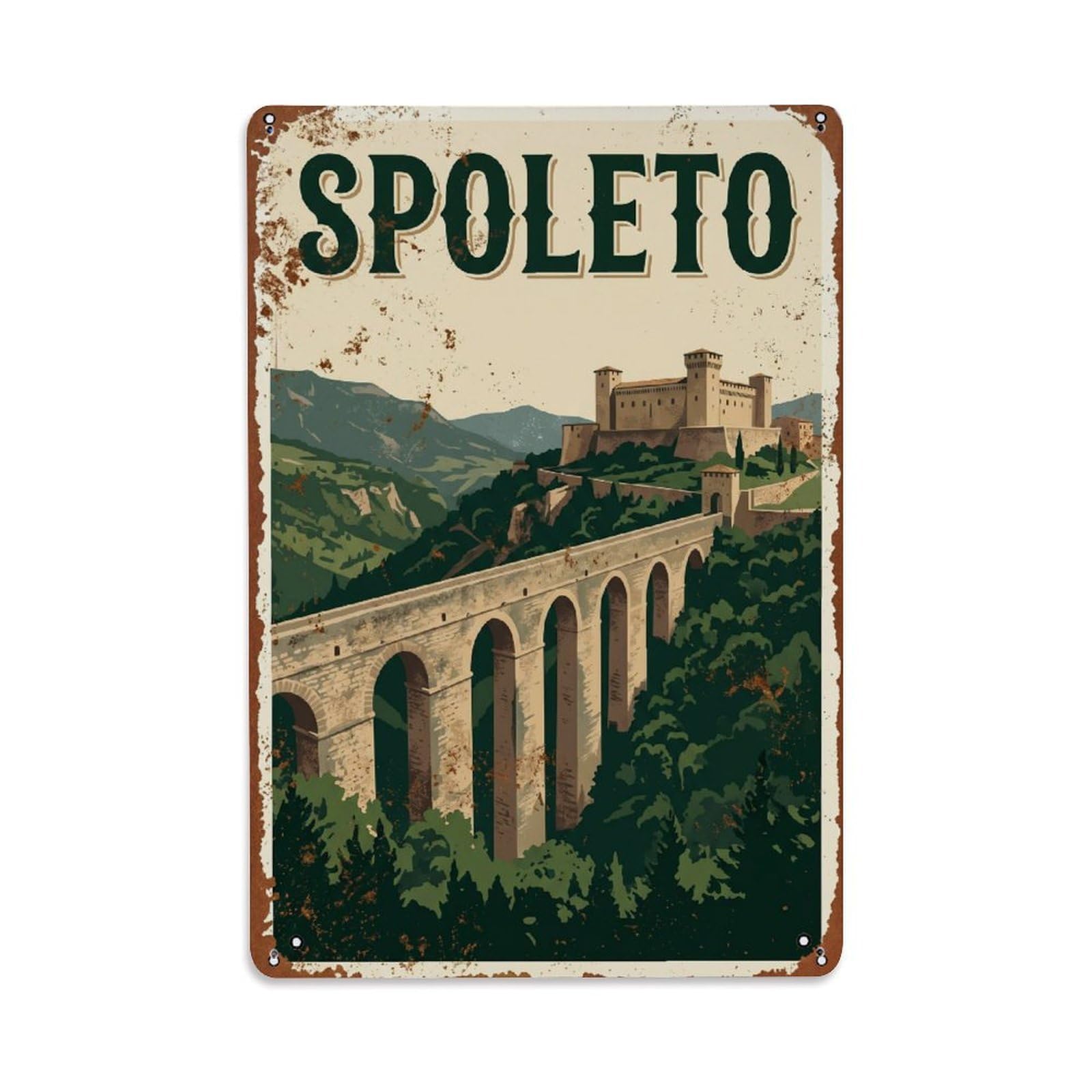 Vintage Travel Spoleto Italy Metal Tin Sign Wall Decor for Cafe, Club, Garden Metal Poster 8x12Inch
