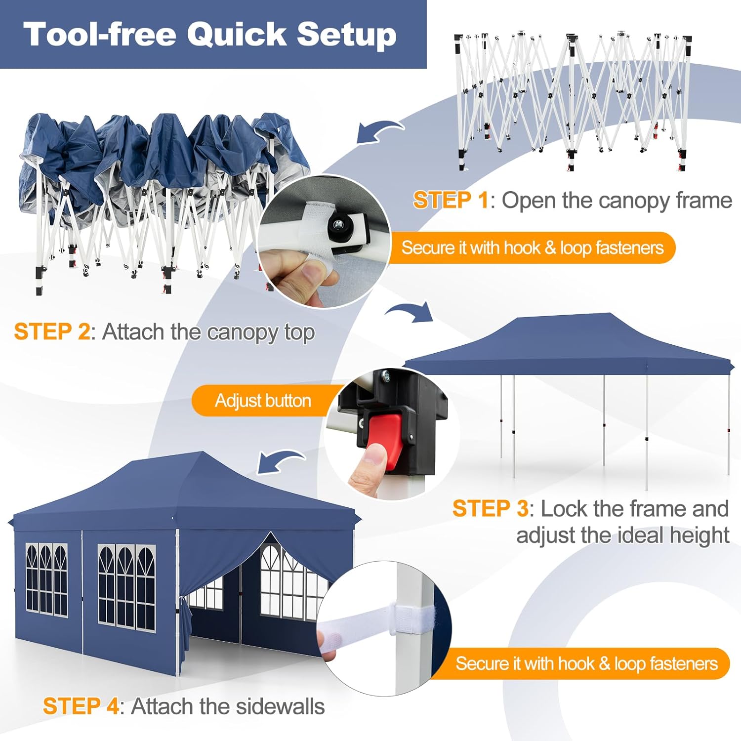 Step-by-step diagram showing how to set up the pop-up canopy: opening the frame, attaching the top, locking the frame and adjusting height, and attaching sidewalls.