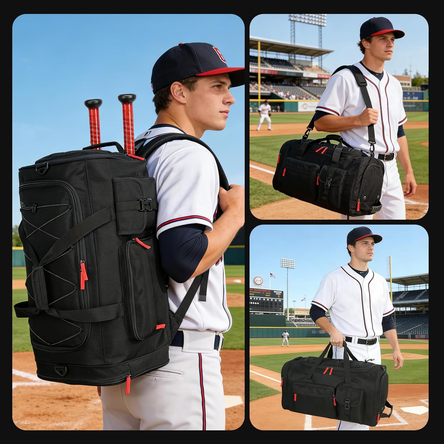 TUGUAN Baseball Duffle Bag for Youth and Adult, Large Softball Backpack with Shoes Compartment, 65L Baseball & Softball Equipment Bag Bat Bag Holds 2 Bats, Fence Hook for Catchers Gear, Upgraded Black