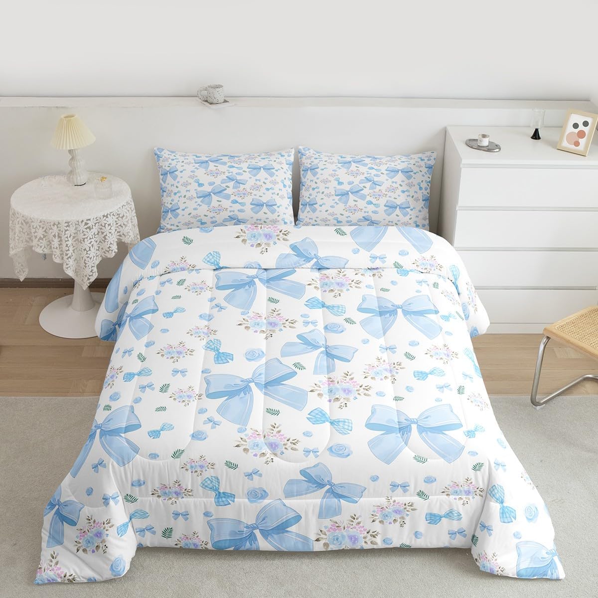 Feelyou Blue Bow Comforter Set All Season Girls Bow Bedding Set with 2 Pillow Cases Kawaii Microfiber Kids Queen Bedclothes Cute Bowknot Bedroom Decor Dreamy Princess Style Duvet Quilt Soft image 2