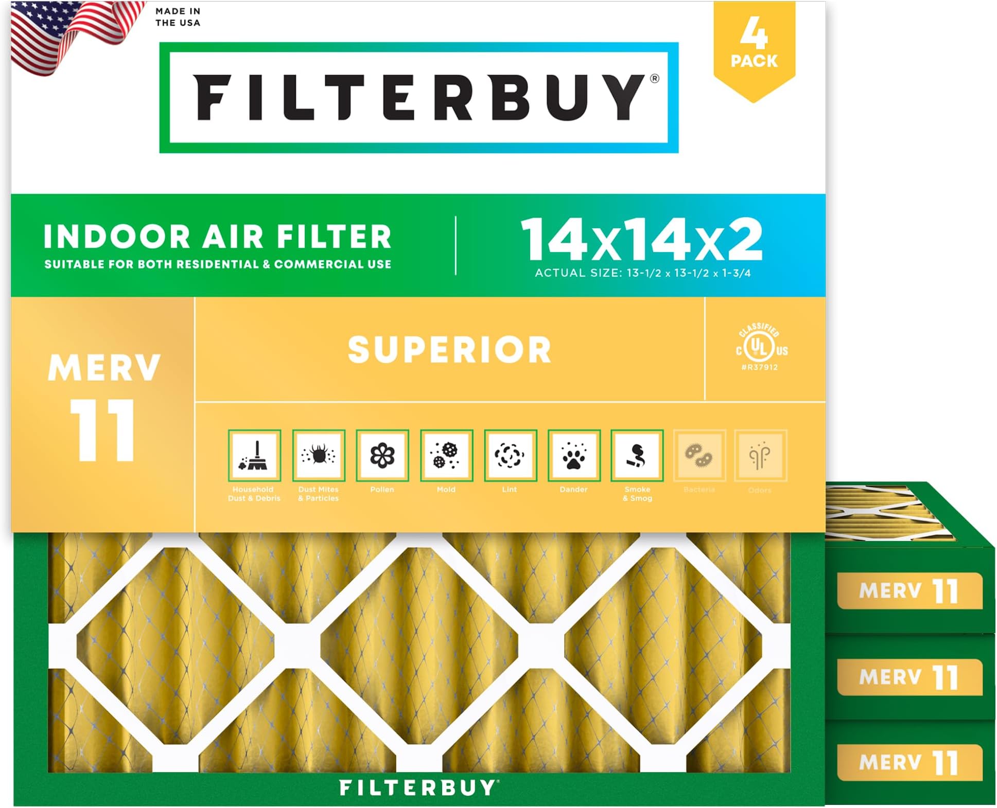 Filterbuy 14x14x2 Air Filter MERV 11 Superior Pet & Allergy Defense (4-Pack), Electrostatic Pleated HVAC AC Furnace Filters Replacement (Actual Size: 13.50 x 13.50 x 1.75)