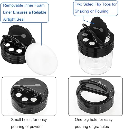 Miniatura 2 de Foraineam Paquete de 30 frascos de plástico transparente de 4 onzas, mini frascos de condimentos para especias con tapa abatible negra para verter o