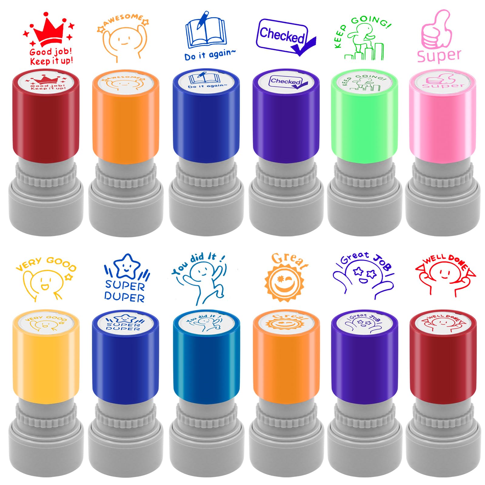 LOTMER 12 Pcs Teacher Stamps for Classroom, Rubber Colorful Stamps Classroom Rubber Stamp for Grading Homework Test Motivation Students Supplies